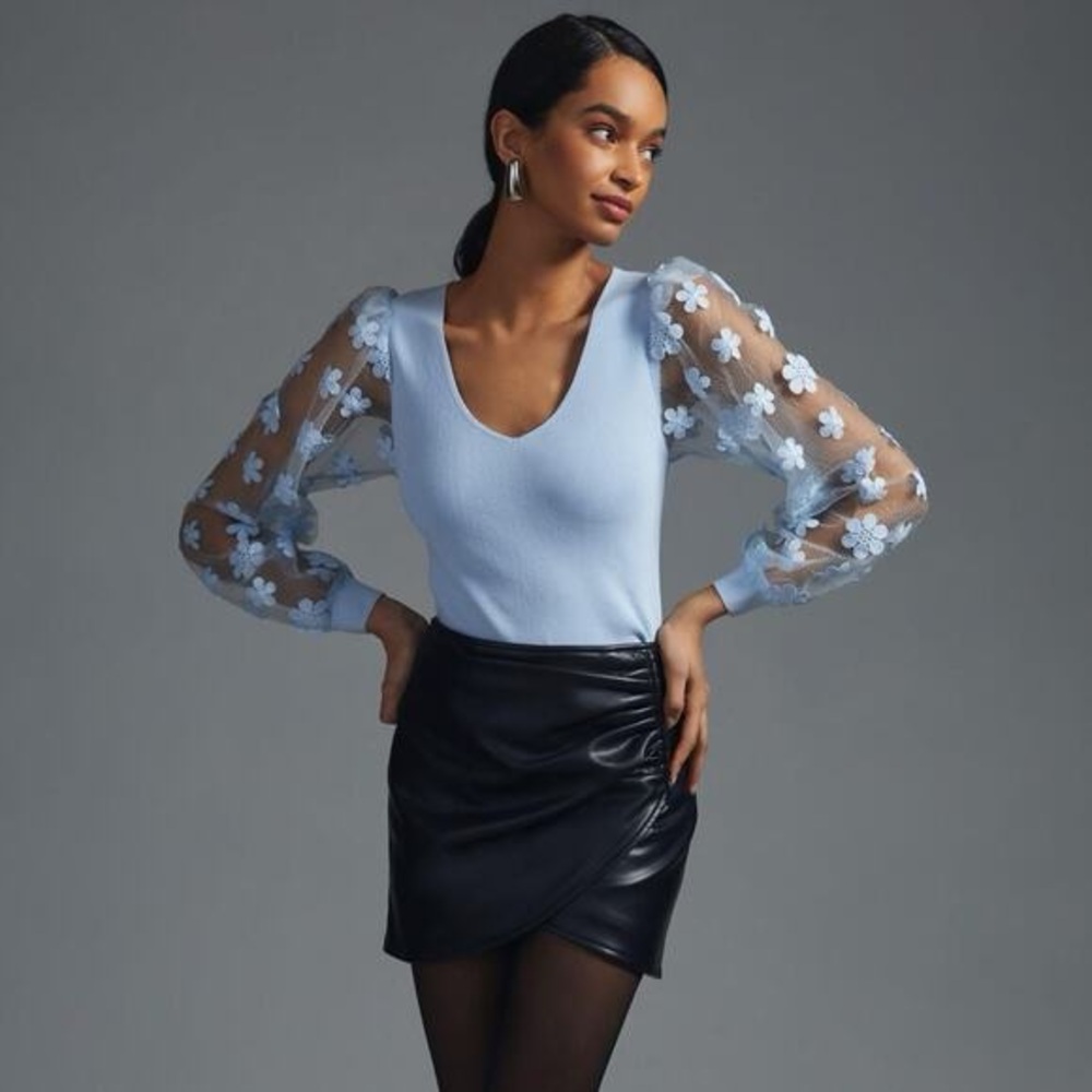 Anthropologie Light Blue Sheer Sleeve Blouse